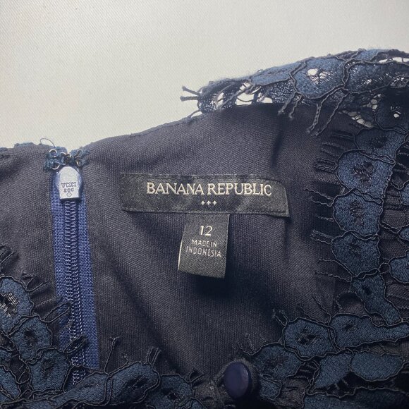 Banana Republic Navy Blue Lace Overlay Sheath Cocktail Dress Womens Raw 12 EUC - Picture 6 of 8